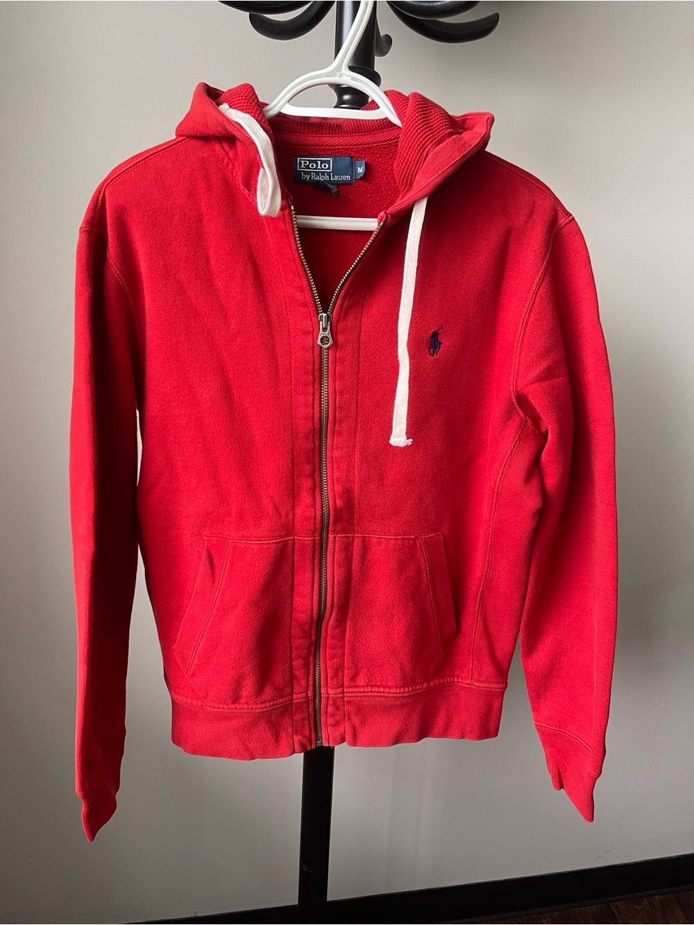 Polo By Ralph Lauren Red Zip-up Fleece Hoddie w/ Split Kangaroo Pockets Medium